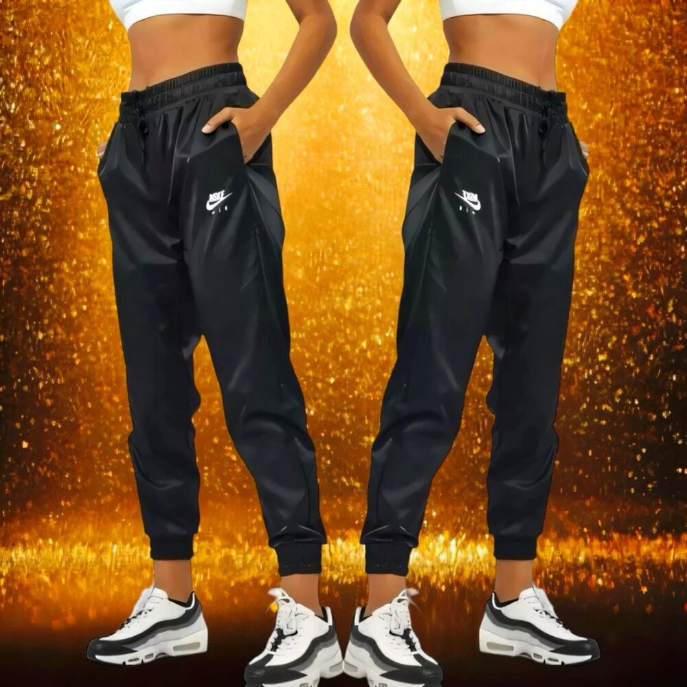 NWOT Nike Air Women's Black Satin Drawstring Joggers M Medium BV4781-010